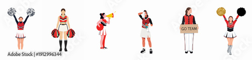 Flat vector illustration set of female cheerleaders and sports supporters in various actions: dancing, shouting through a megaphone, holding pom-poms and 'Go Team' sign.