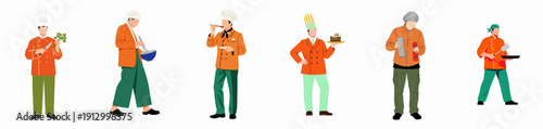 Professional chefs characters set vector illustration. Culinary workers in uniform preparing, seasoning, tasting, and serving food, representing diverse kitchen roles.