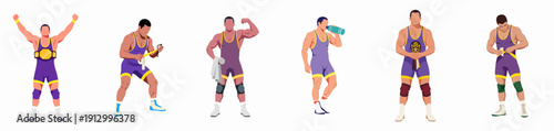 Wrestler Character Poses Set Vector Illustration: Victory, Training, Flexing Muscle, Hydration, Mask, and Measurement for Sports and Fitness.