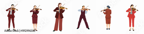 Six vector illustrations of professional women in business suits playing the violin, symbolizing elegance, creativity, and the fusion of art and commerce.