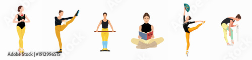 Diverse Ballet Training Activities Vector Set: Dancers Practicing, Stretching, Studying, and Performing Classical Dance Poses.