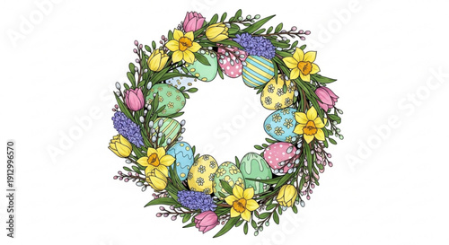 Colorful easter wreath with flowers and decorated eggs on white background spring holiday decoration