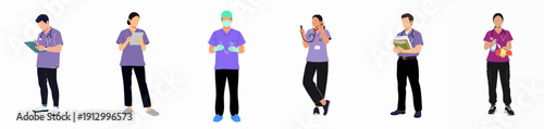 Diverse group of medical professionals and healthcare staff performing various duties, depicted in flat vector illustration on a white background.