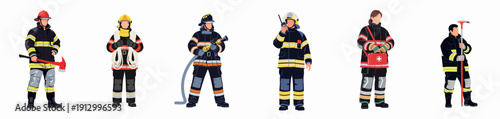 Diverse Group of Professional Firefighters Vector Set Holding Essential Rescue Tools Including Hose, Axe, Radio, and First Aid Kit.