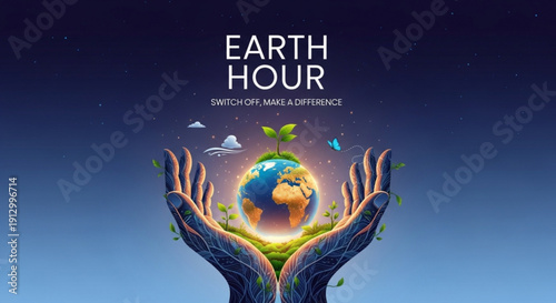 Earth hour illustration with hands holding the globe and green leaves symbolizing environmental conservation and sustainability