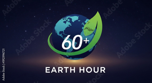 Earth hour logo with 60 and green leaf on globe at night