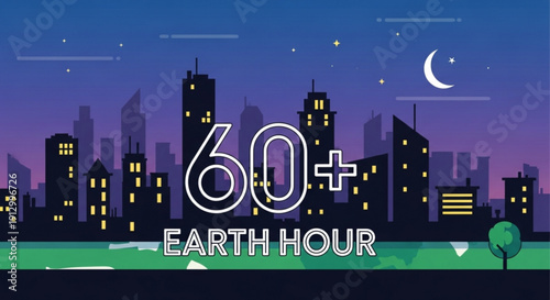 Cityscape at night with '60 earth hour' text overlay purple and blue gradient sky with crescent moon and stars green grass and trees in foreground dark buildings with lit windows
