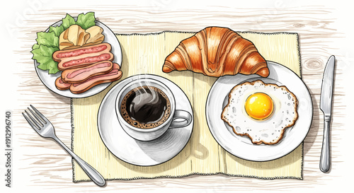Breakfast setting with coffee, bacon, egg, and croissant on a wooden table