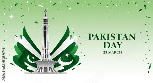 Pakistan day celebration with iconic minar e pakistan monument and national flag elements on green background
