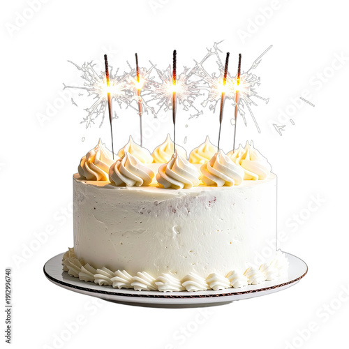 White Birthday Cake with Sparkler Candles on Black Background