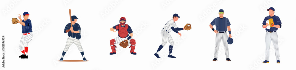 Obraz premium Baseball players vector set isolated on white. Collection of athletes depicting different positions like pitcher, batter, catcher, and fielder in action poses.