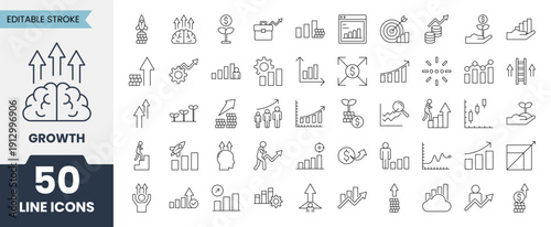 Growth line icons set with editable stroke. Containing chart, gain, performance, increase, development, win, goal and more. Vector illustration