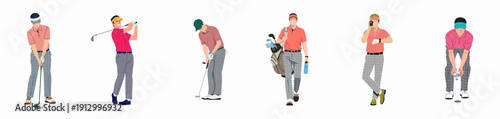 Collection of male golfers illustrating different actions and poses during a round of golf, including swing, putt, and walking.