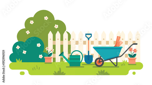 A flat, minimalist illustration of a garden scene with a white picket fence in the background (2)_traced
