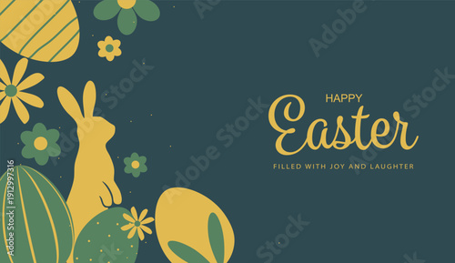 Easter celebration banner with cute minimal rabbit among colorful Easter eggs and flowers on blue background, vector illustration.