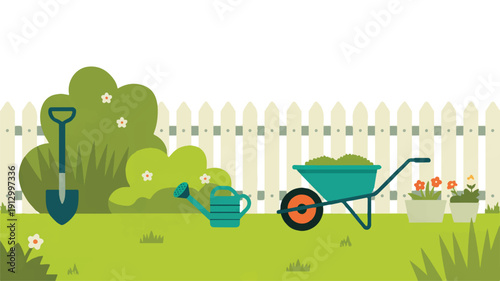 A flat, minimalist illustration of a garden scene with a white picket fence in the background (4)_traced