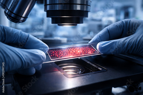 Hands in blue sterile gloves holding a glass slide with a red stained tissue specimen for microscopic examination in a pathology lab.