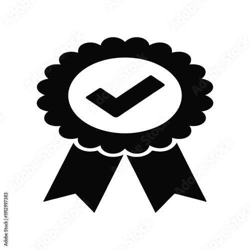 Black and white award ribbon badge icon with scalloped edge and checkmark symbol, representing certification, approval, achievement, and recognition