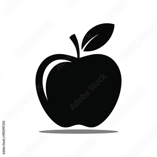 Black apple silhouette with stem and leaf on white background, simple iconic design symbolizing health, nutrition, education, fruit, and nature