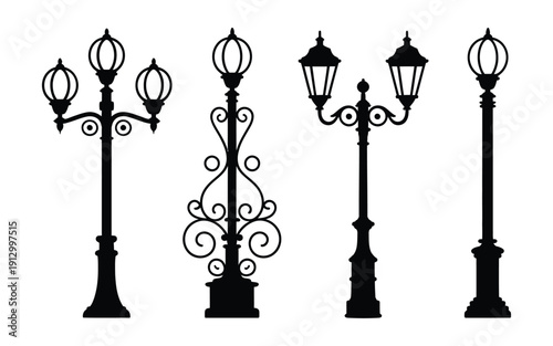 Vintage street lamp silhouette vector illustration, set of decorative outdoor lanterns and light posts, classic urban lighting elements for city design, streets cape, architectural visuals, and 