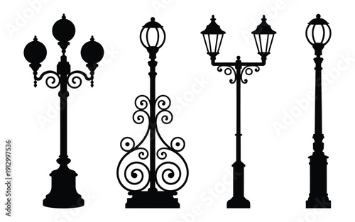 Vintage street lamp silhouette vector illustration, decorative outdoor lantern light posts collection, classic urban lighting elements isolated on white background for capacities, architecture,