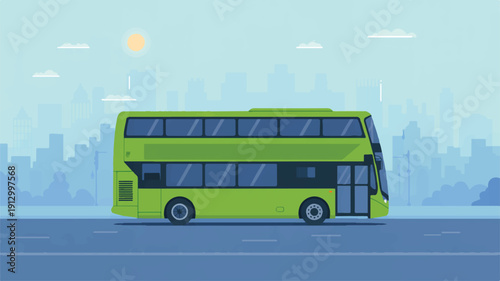 A flat, minimalist illustration of a modern double-decker bus in bright lime green and navy blue colors driving on a city road (1)_traced