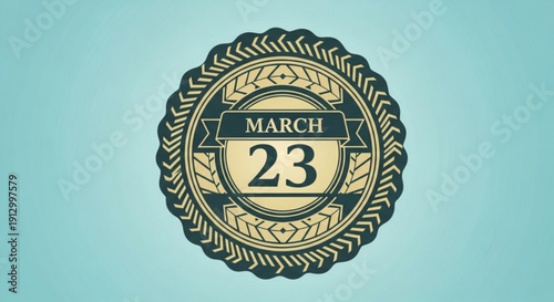 March 23rd date stamp seal with gold laurel wreath on blue background for calendar or event planning