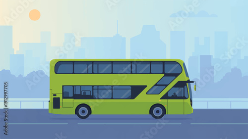 A flat, minimalist illustration of a modern double-decker bus in bright lime green and navy blue colors driving on a city road (2)_traced