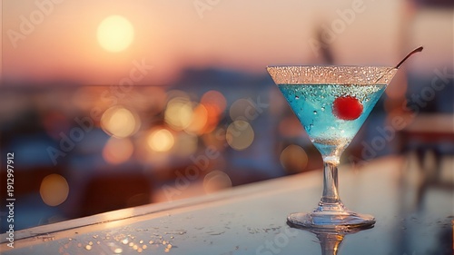 Refreshing blue martini cocktail garnished with a cherry against a sunset city backdrop