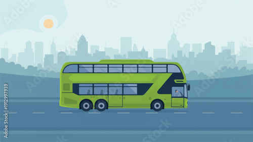 A flat, minimalist illustration of a modern double-decker bus in bright lime green and navy blue colors driving on a city road (3)_traced