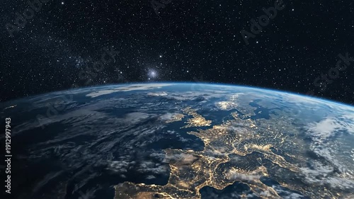 Aerial view of Earth from space at night showcasing continents, cities, and stars in the dark universe with a clear video perspective