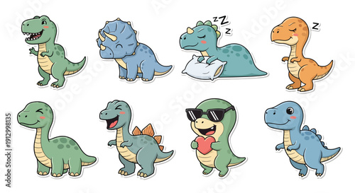 Cute Dinosaur Sticker Set, Kawaii Dino Characters in Different Poses, Cartoon Jurassic Animals Collection, Vector Illustration