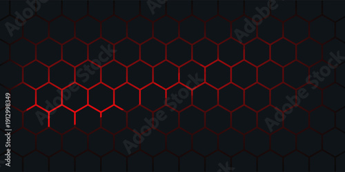 Abstract dark hexagon pattern on red neon background technology style. Modern futuristic geometric shape web banner design. You can use for cover template, poster, flyer, print ad. Vector illustration