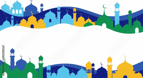Colorful Mosque Silhouettes with Crescent Moons and Minarets.