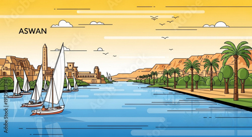 Sailing boats on nile river with palm trees and ancient buildings in aswan egypt at sunset