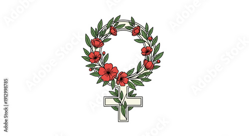 Feminist Symbol with Floral Wreath and Red Flowers