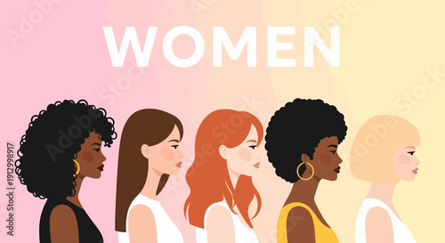 Diverse women's faces in profile, celebrating femininity and equality