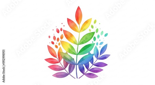 Vibrant rainbow colored leaves and sprouts on white background symbolizing growth and harmony