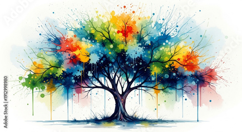 Vibrant tree silhouette with colorful watercolor leaves and splatters against a white background symbolizing growth and creativity
