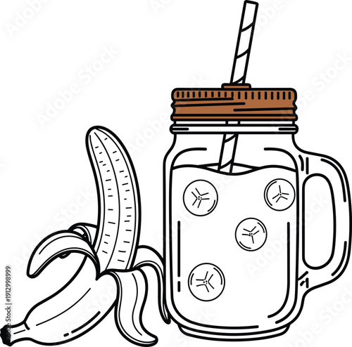 Hand drawn line art illustration of a healthy banana smoothie in a mason jar with a straw and peeled fruit for cafe menus..