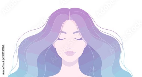 Beautiful Woman with Long Wavy Pastel Colored Hair and Closed Eyes Illustration