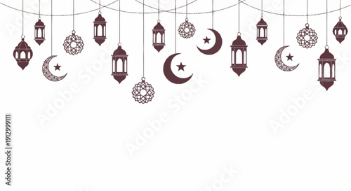 Elegant Islamic Lanterns and Crescent Moons Hanging Decoration.