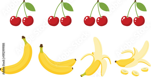 Set of fresh red cherries with green leaves and yellow bananas including peeled fruit and slices for healthy food snack sticker designs.