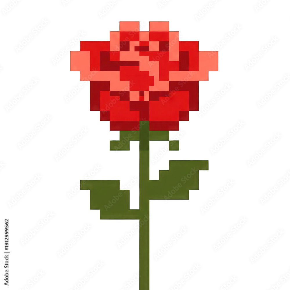 Obraz premium Pixel Art Rose Flower, Retro 8-bit Style, Red and Pink Petals, Green Stem