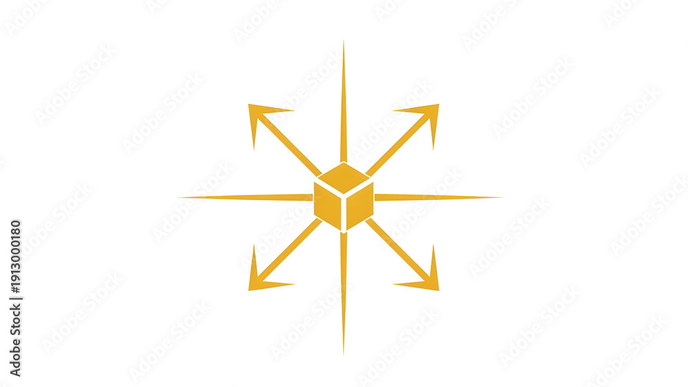 Fototapeta premium Golden cube with dynamic arrows pointing outward in all directions