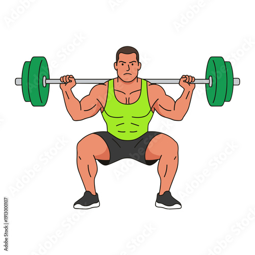 strong man barbell squat, high bar squat exercise, weightlifting workout scene, bending knees squat form, strength training concept, gym fitness routine, heavy barbell lift, muscular athlete training,