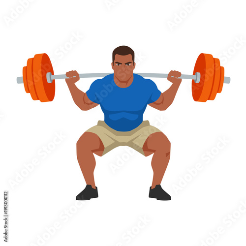 strong man barbell squat, high bar squat exercise, weightlifting workout scene, bending knees squat form, strength training concept, gym fitness routine, heavy barbell lift, muscular athlete training,