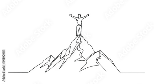 Man on mountain top, success and achievement, line art