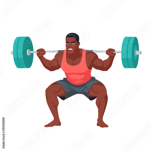 strong man barbell squat, high bar squat exercise, weightlifting workout scene, bending knees squat form, strength training concept, gym fitness routine, heavy barbell lift, muscular athlete training,