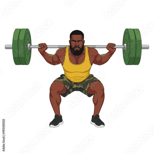 strong man barbell squat, high bar squat exercise, weightlifting workout scene, bending knees squat form, strength training concept, gym fitness routine, heavy barbell lift, muscular athlete training,